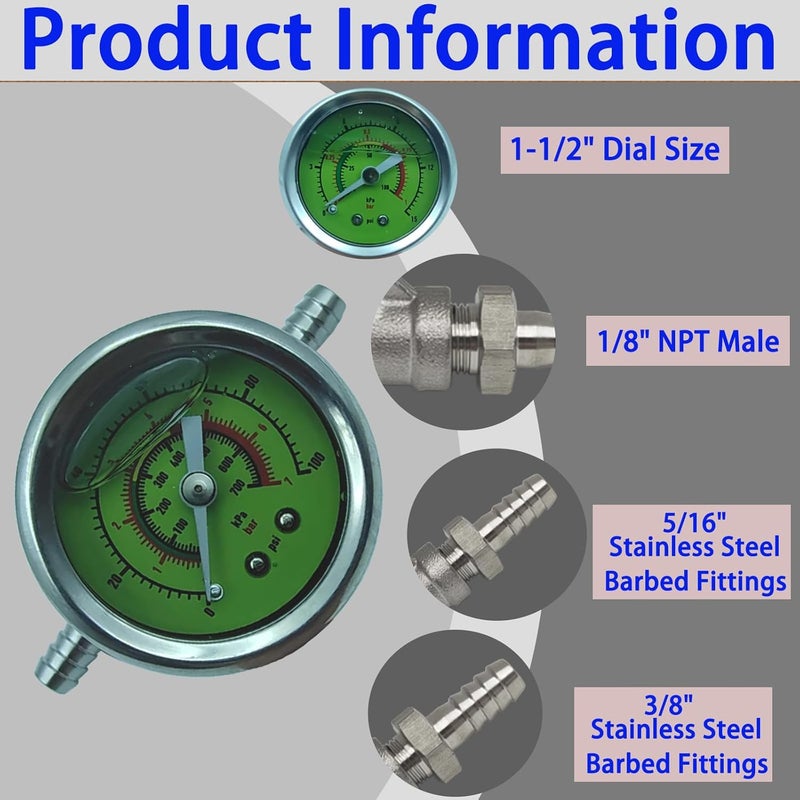 HFVSLFA 0-100psi Glycerin Filled Fuel Pressure Gauge Kit, Fuel Pressure Gauge Kit, 1-1/2" Dial Size Fuel Pressure Gauge for Car, 1/8'' NPT Inline Fuel Pressure Gauge with 3/8'' 5/16'' Barb, Back Mount - Image 2